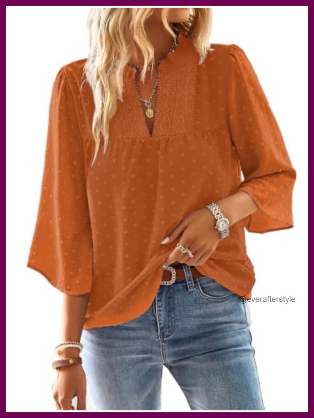 Womens Boho Flowy Tunic Top Crochet Lace 3/4 Sleeve V-Neck Blouse